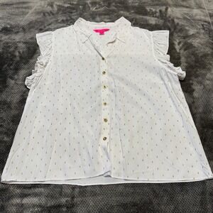 Lilly Pulitzer White Gold Metallic Clip Dot Ruffle Sleeve Button Down Top XL